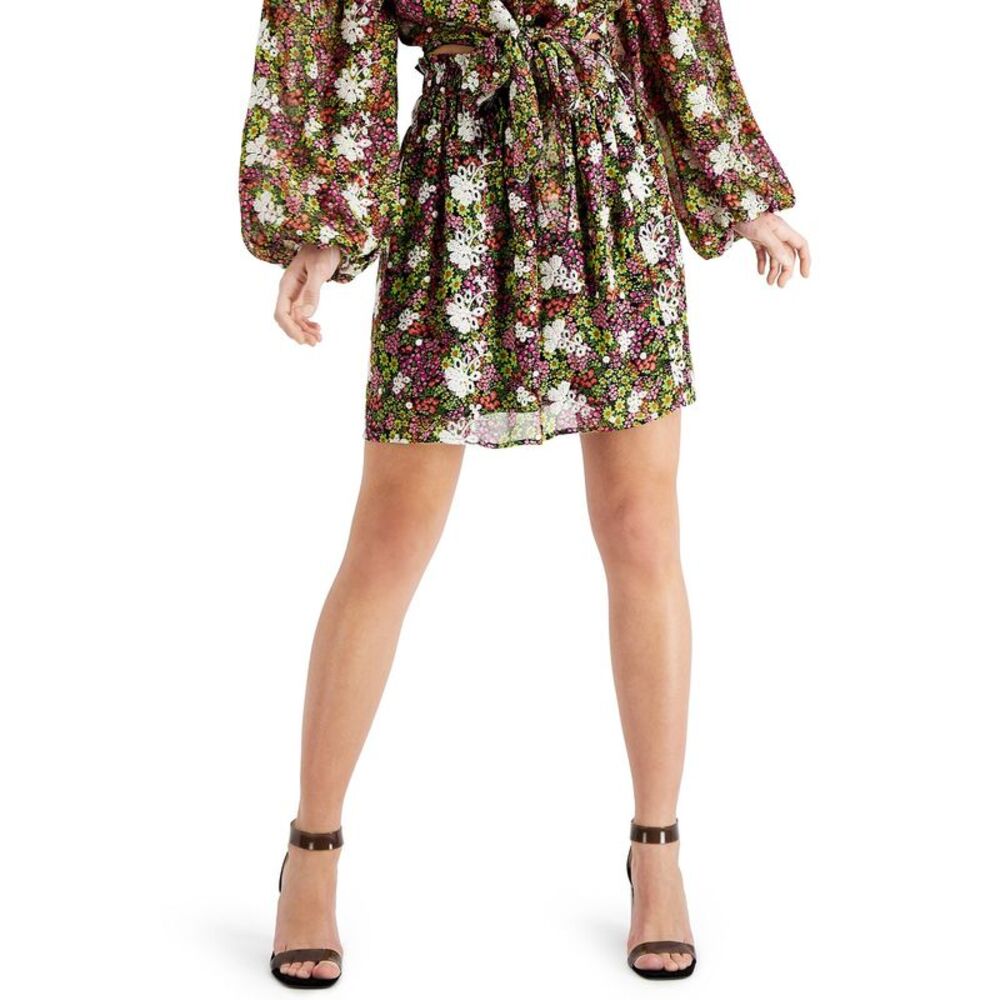 Leyden Womens Embroidered Ditsy Floral Smocked Mini Skirt X-Large Black/Citron